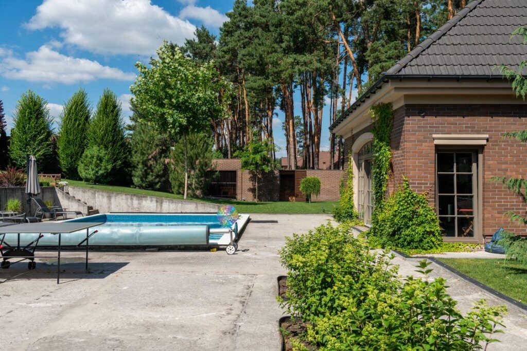 Concrete patio work in progress at a realistic suburban residential home